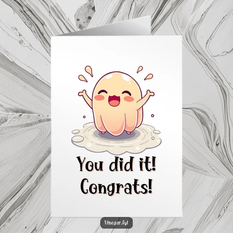 Funny Free Printable Congrats Card: An excited, wobbly jelly character bounces ecstatically, celebrating achievements with jiggly enthusiasm.