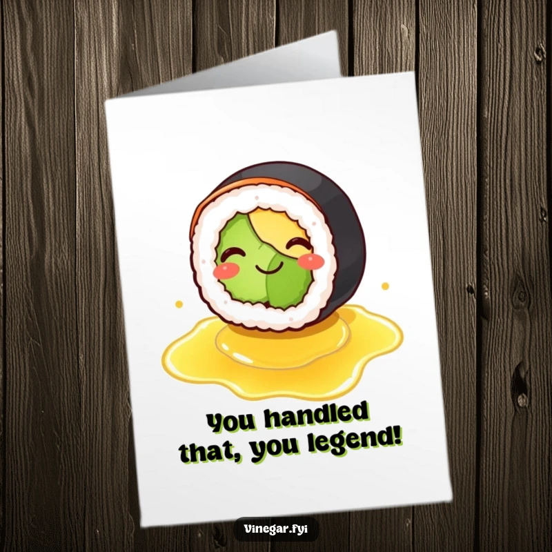 Funny Free Printable Congratulations Card: A smiling sushi roll comically slipping on spilled vinegar, celebrating overcoming challenges, downloadable art.