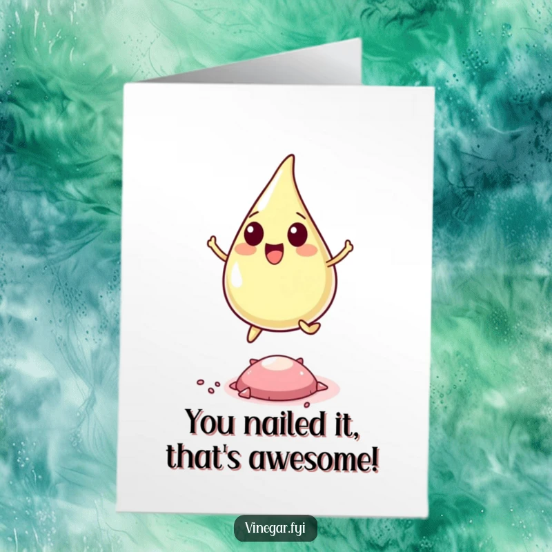 Funny Free Printable Congratulations Card: A cheerful vinegar drop makes an energetic leap over a small pepper flake, celebrating success.