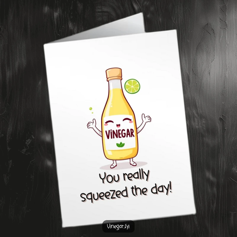 Funny free printable congratulations card: A winking vinegar bottle does a silly dance with a lime wedge in celebration.