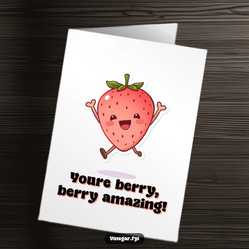 Free Printable Congratulations Card: A joyful kawaii strawberry leaping high, tiny leaf cap askew, celebrating your awesome accomplishment.