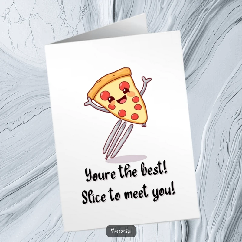 Free Printable Congrats Card: Smiling anthropomorphic pizza slice leaping triumphantly over a giant fork.