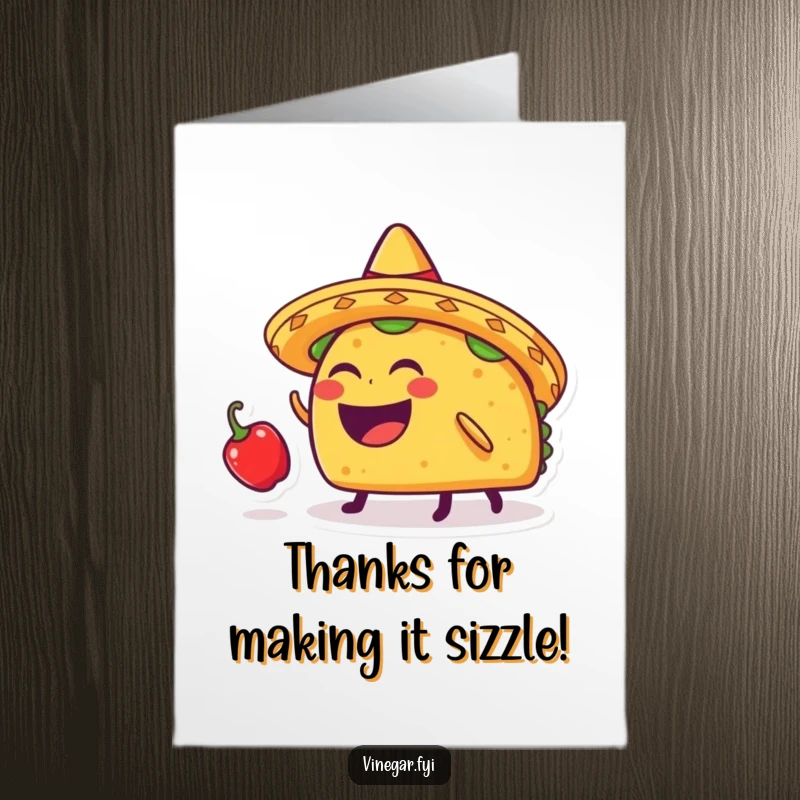 Funny Free Printable Thank You Card: A laughing taco with a sombrero bounces a tiny chili pepper, expressing thanks with joy.