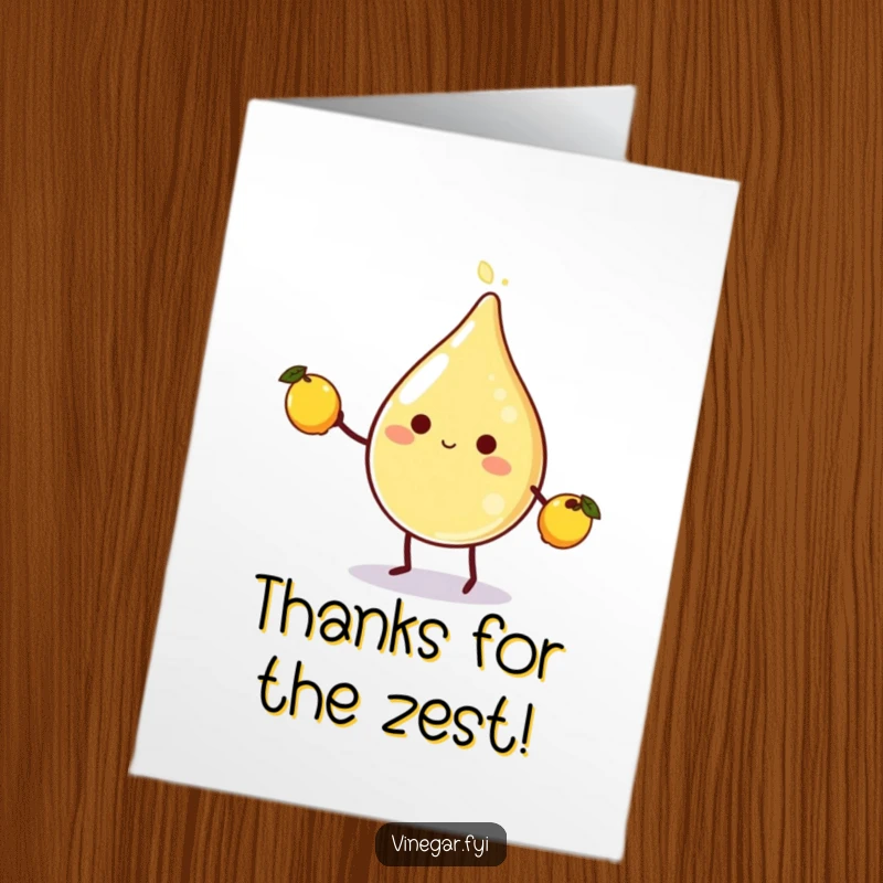 Funny Free Printable Thank You Card: A happy vinegar droplet with legs juggling lemons, perfect for showing gratitude with humor.
