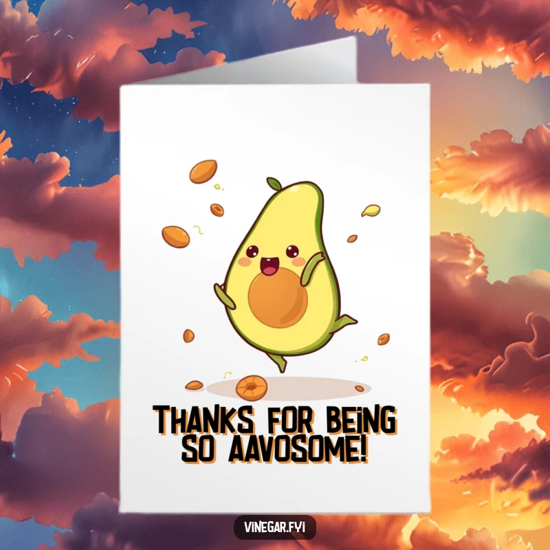 Funny Free Printable Thank You Card: Kawaii avocado doing a cartwheel, pits flying, expressing exciting appreciation.