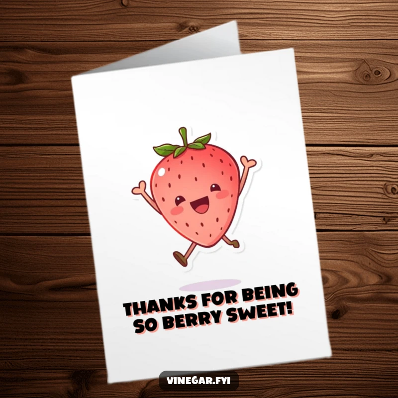 Funny Free Printable Thank You Card: A sweet kawaii strawberry leaping joyfully, leaf cap tilted, expressing heartfelt thanks.
