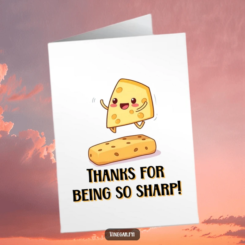 Funny Free Printable Thank You Card: A cheerful cheese wedge leaping over a cracker, expressing thanks.