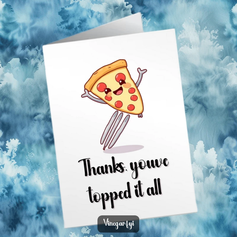 Free Printable Thank You Card: Smiling anthropomorphic pizza slice leaping, expressing thanks with delight.