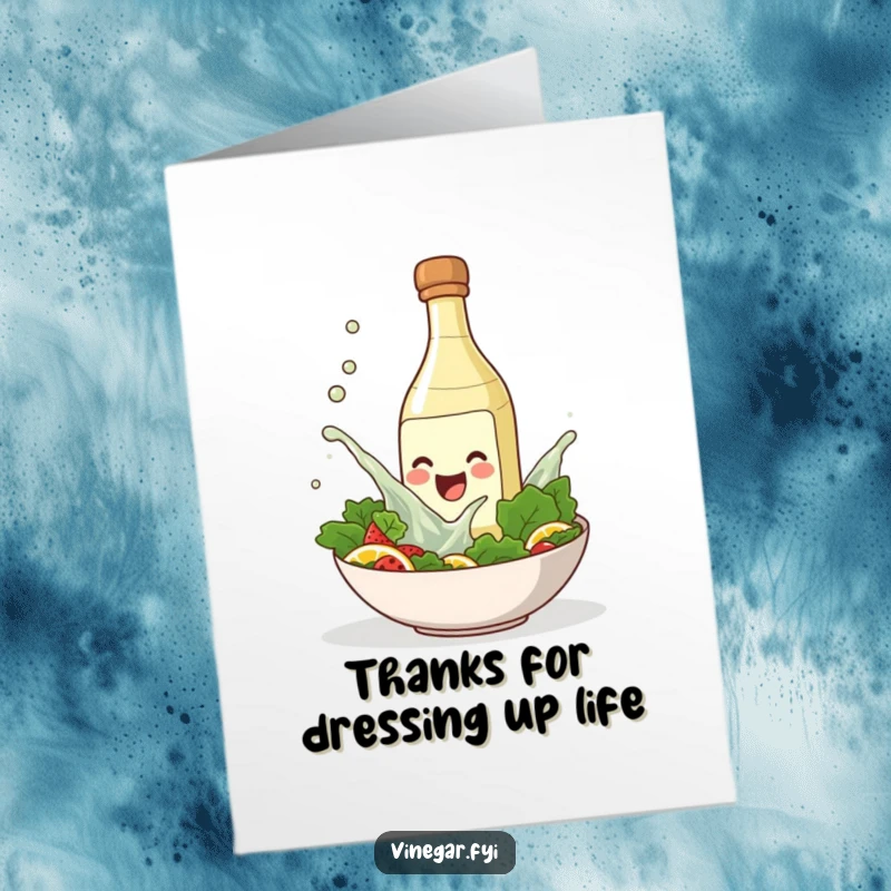 Funny Free Printable Thank You Card: A happy vinegar bottle gleefully splashes into a salad bowl. Sweet DIY.