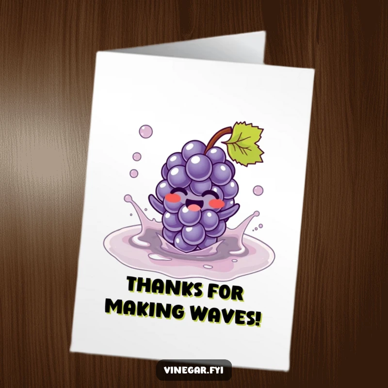 Funny Free Printable Thank You Card: A giggling Kawaii grape character happily splashes in a vinegar puddle, sending thanks.