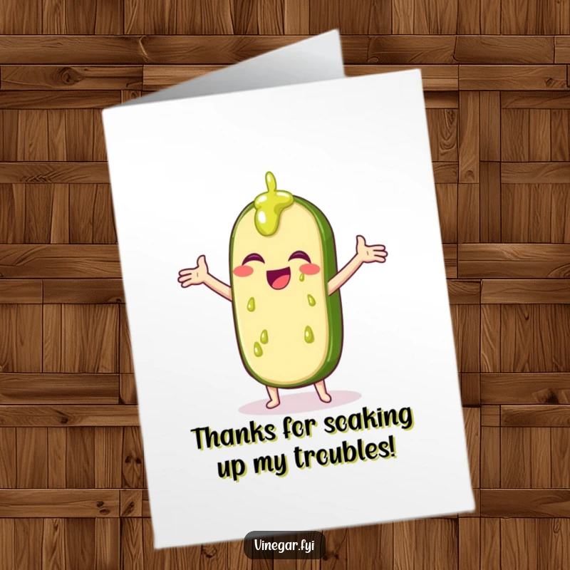 Funny Free Printable Thank You Card featuring a giggling pickle slice outstretched, catching vinegar. Hilarious downloadable gratitude.