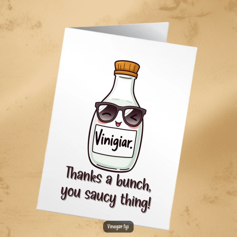 Funny Free Printable Thank You Card: A playful vinegar bottle wearing tiny sunglasses winks, saying thanks with humor.
