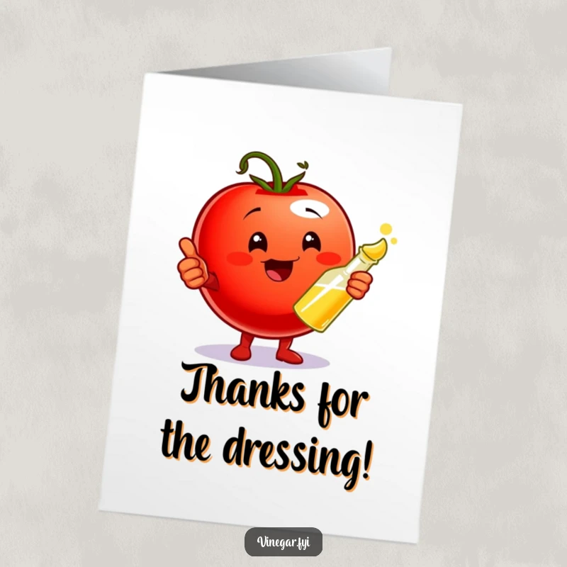 Funny Free Printable Thank You Card: A cherry tomato character gives a thumbs up, holding vinegar, expressing thanks with a cheerful, zesty flair.