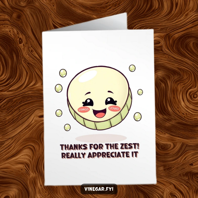 Funny free printable thank you card with a happy bottle cap juggling vinegar droplets, a unique way to express gratitude.
