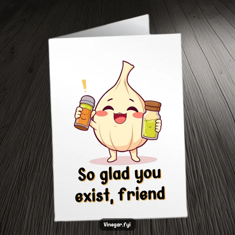 Funny free printable thank you card depicting a giggling garlic clove holding a vinaigrette shaker to express zesty gratitude.