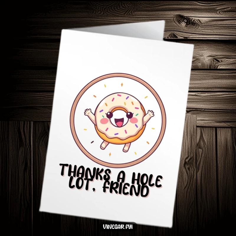 Funny Free Printable Thank You Card of a gleeful donut with sprinkles jumping through a hoop, saying thanks.