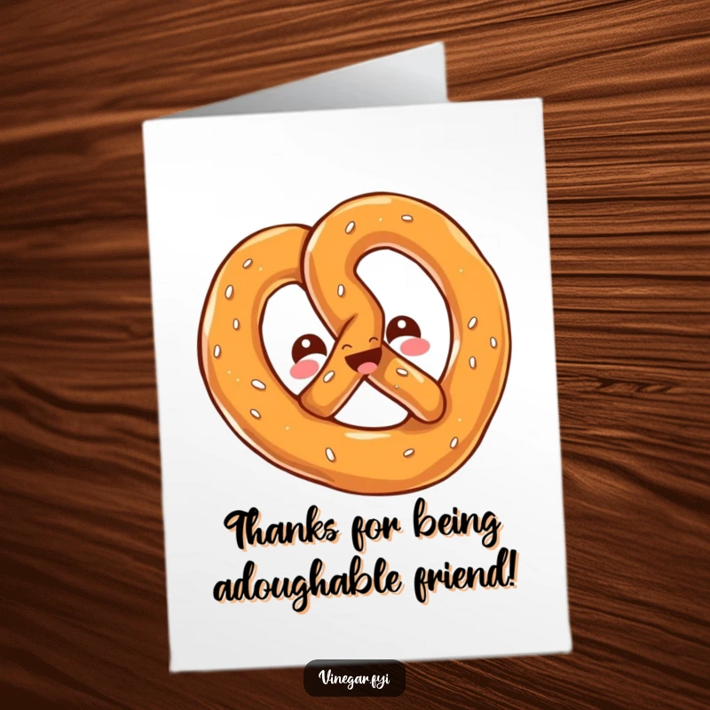 Funny Free Printable Thank You Card: A kawaii pretzel twisting playfully, with a cheerful, salty gleam, expressing thanks.