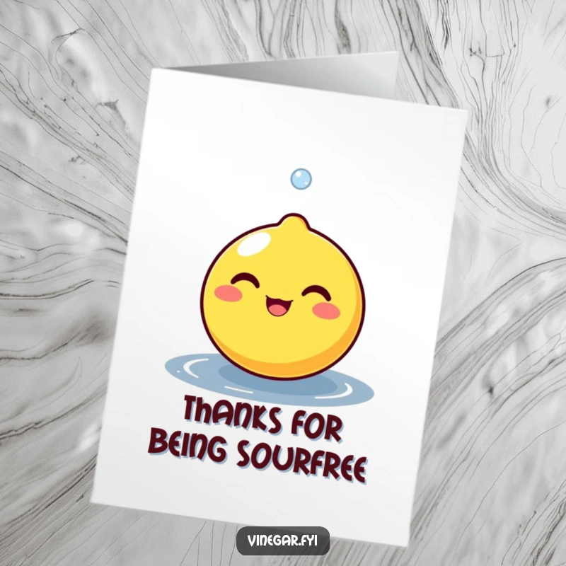 Funny Free Printable Lemon Thank You Card: Round lemon character beaming as a tiny droplet bounces off, conveying thanks with zest.