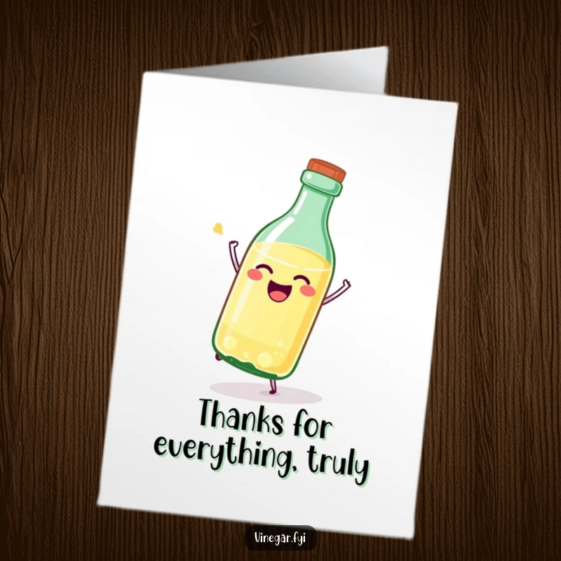 Funny Free Printable thank you card featuring a joyful vinegar bottle tipping over, expressing overflowing thanks.