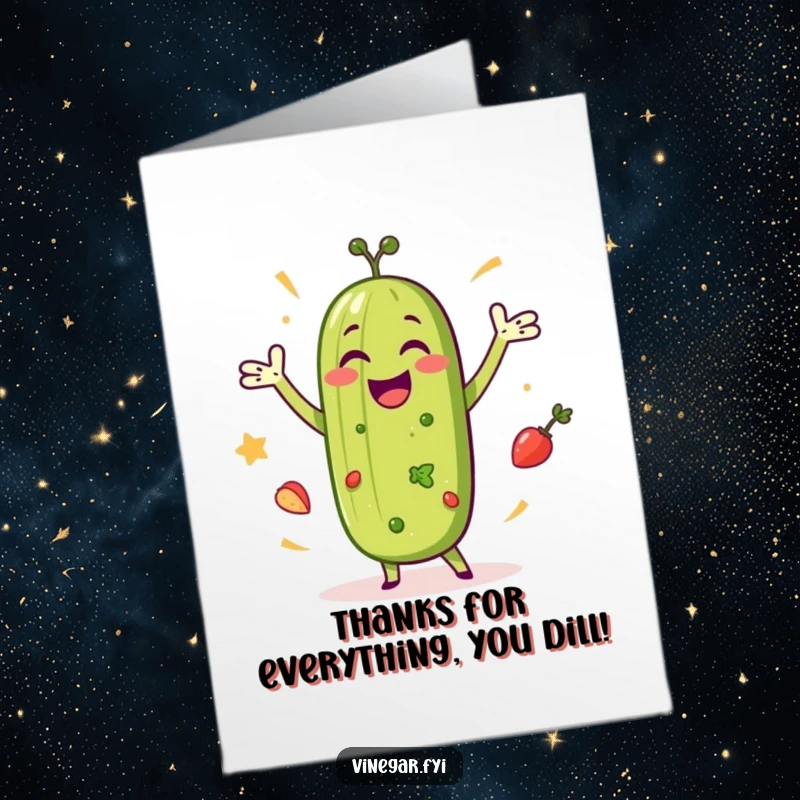 Funny Free Printable Thank You Card: A happy pickle does a celebratory dance surrounded by salad.