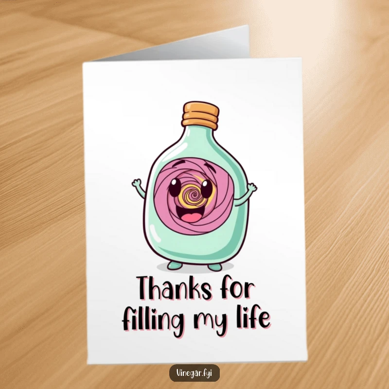 Funny Free Printable Bottle Thank You Card: Squat bottle character proudly displaying a swirling vortex, conveying thanks in a fun way.