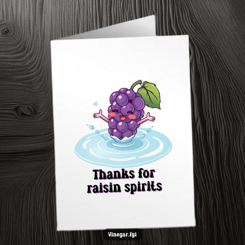 Funny Free Printable Thank You Card: Blushing purple grape character splashes into fluid, showing thanks.