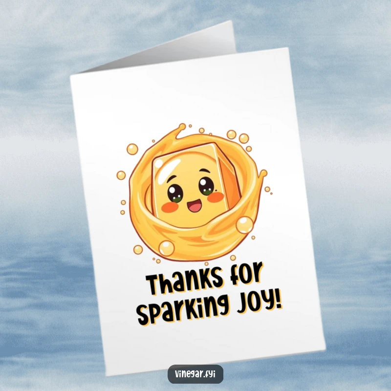Funny Free Printable Thank You Card of a round, excited orange juice box character spinning in bubbly liquid, a cheerful way to thank someone.