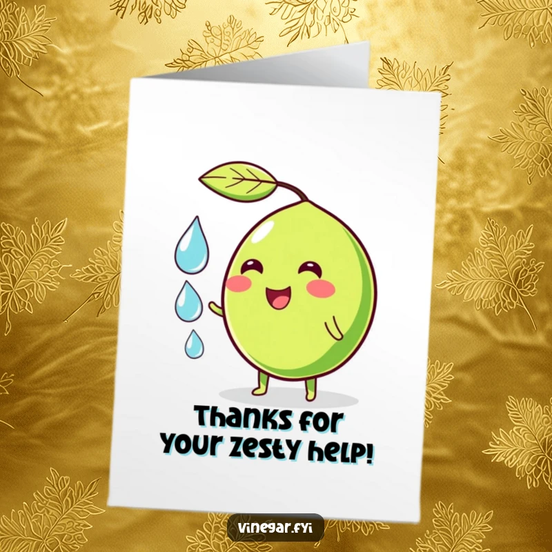 Funny Free Printable Thank You Card: A wobbly green lime character with a cheerful smile juggles three small droplets, expressing thanks.