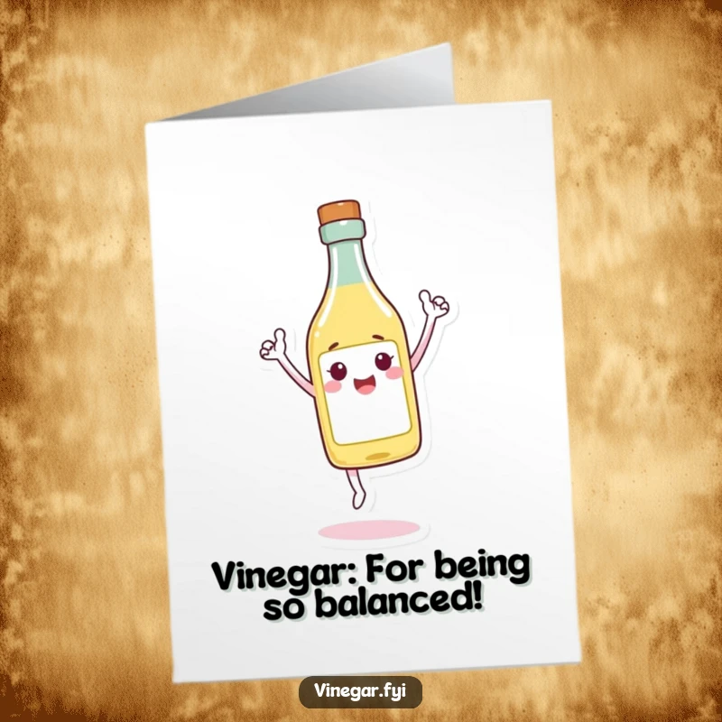 Funny Free Printable Triumphant Vinegar Thank You Card, a vinegar bottle character standing triumphantly on its tip, expressing thanks.