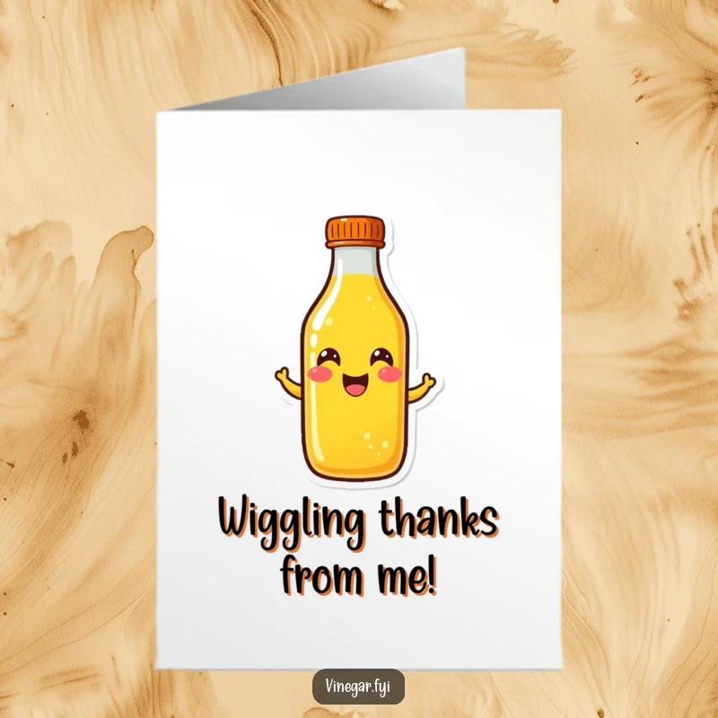 Funny Free Printable thank you card depicting a happy, wiggling bottle of bright yellow liquid expressing thanks.
