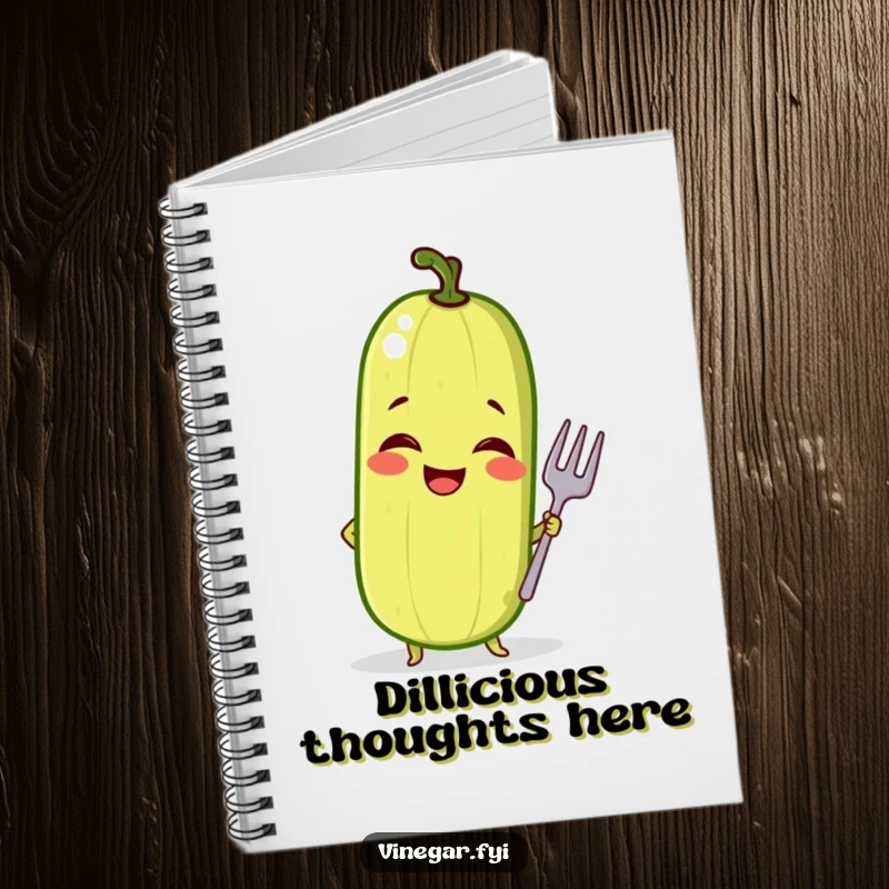 Funny notebook featuring a giggling pickle in a confident pose with a tiny fork, perfect for jotting down ideas and witty thoughts.