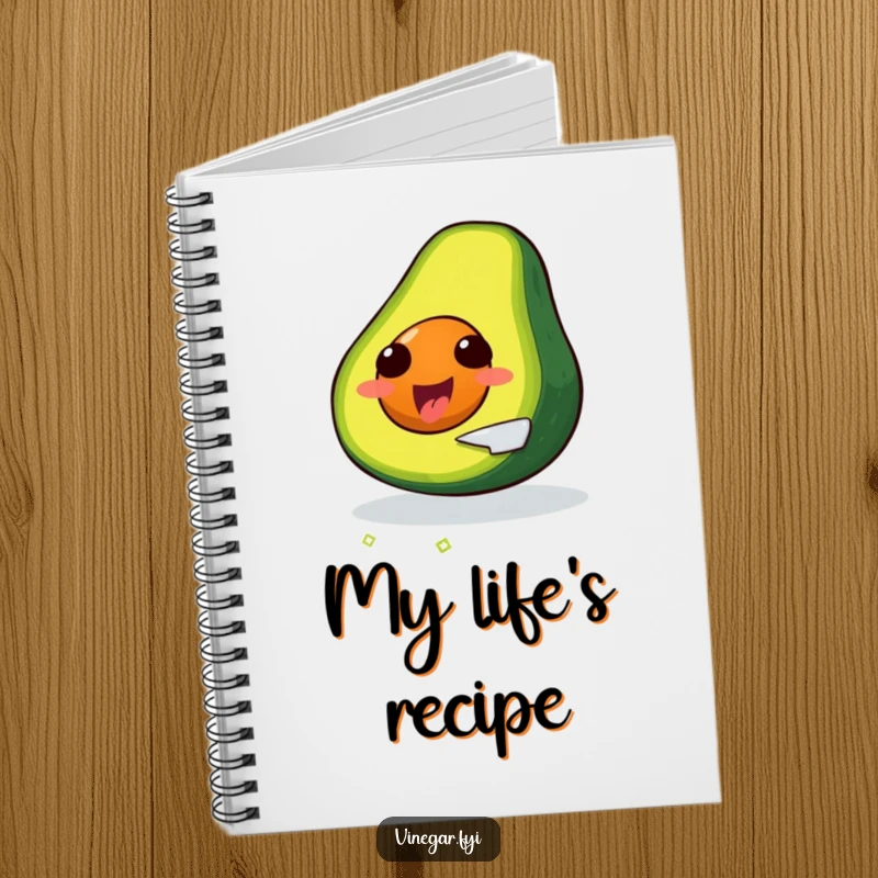 Funny, delighted avocado slicing itself with a tiny knife, on a notebook cover.