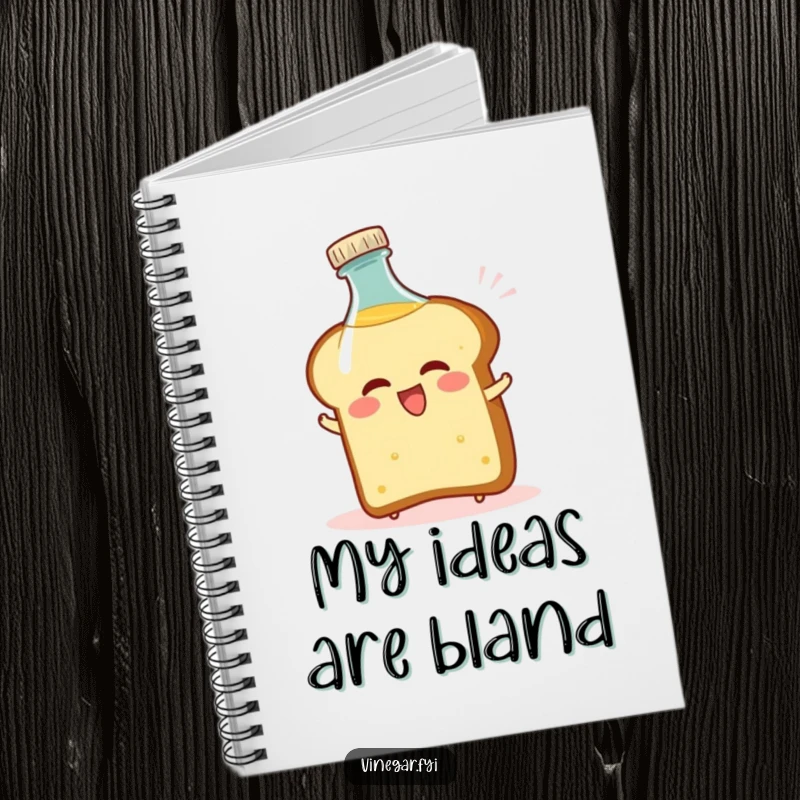 Funny notebook with a bread slice comically recoiling from a vinegar bottle, designed for humorous note-taking.