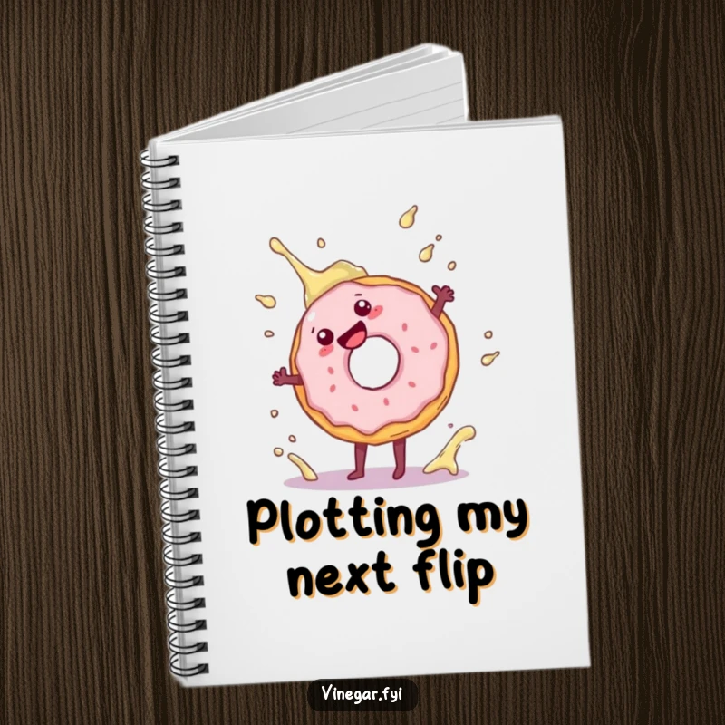 Funny notebook with a playful donut doing a cartwheel near a vinegar splash, designed for creative note-taking.