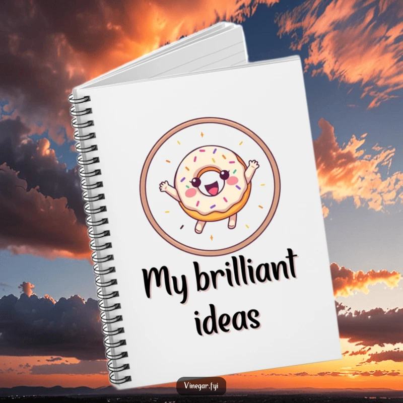 Funny notebook showcasing a gleeful donut with sprinkles leaping through a hoop, perfect for note-taking and journaling.