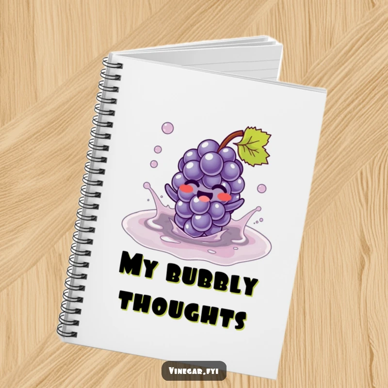 Funny Kawaii grape character, giggling while splashing in a vinegar puddle, inspires creativity in this humorous and practical notebook. Fruity notes.