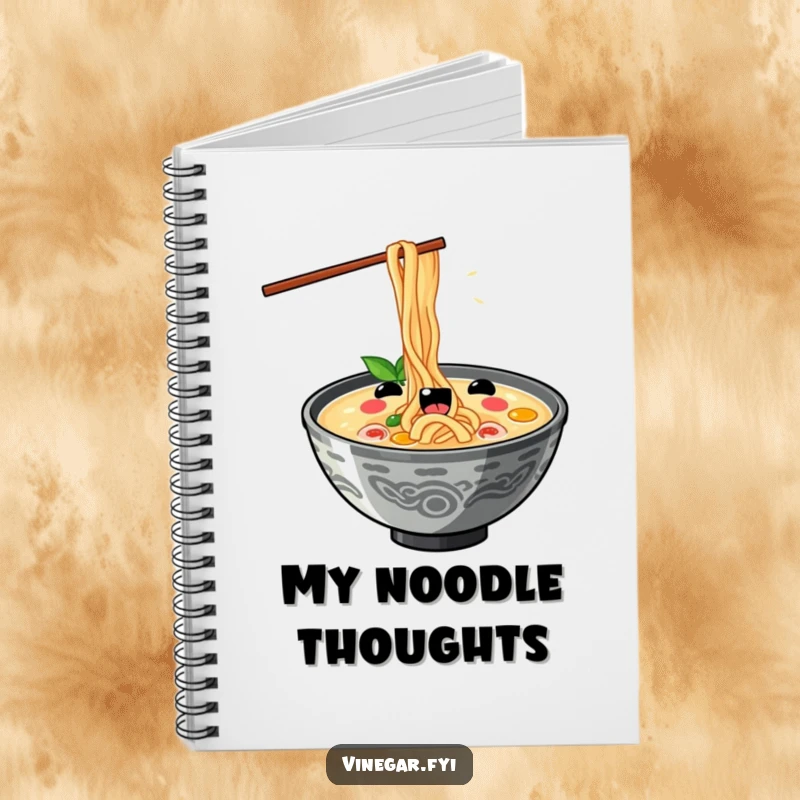 Funny kawaii ramen bowl slurping noodles with exaggerated delight, on the cover of a funny notebook, perfect for jotting notes.