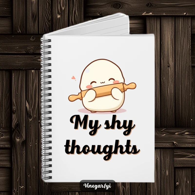Funny notebook featuring a shy dumpling blushing and hiding behind a tiny rolling pin, ideal for jotting down culinary ideas or daily musings.
