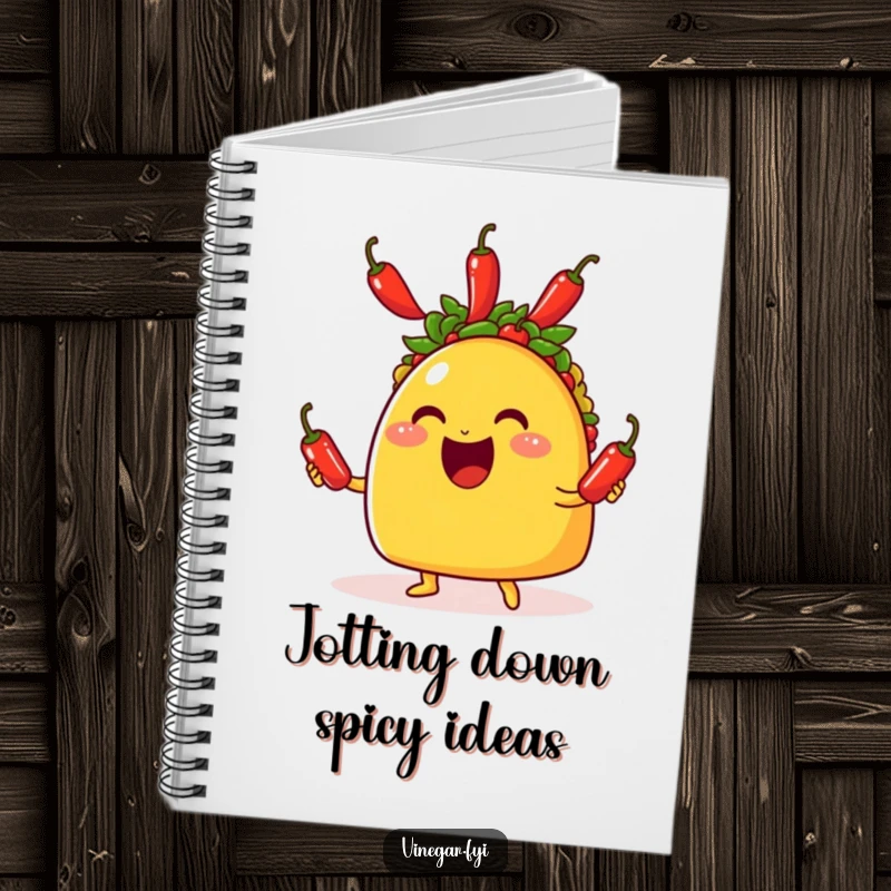 Funny notebook with a happy taco juggling three small chili peppers on the cover, designed for note-taking and laughter.