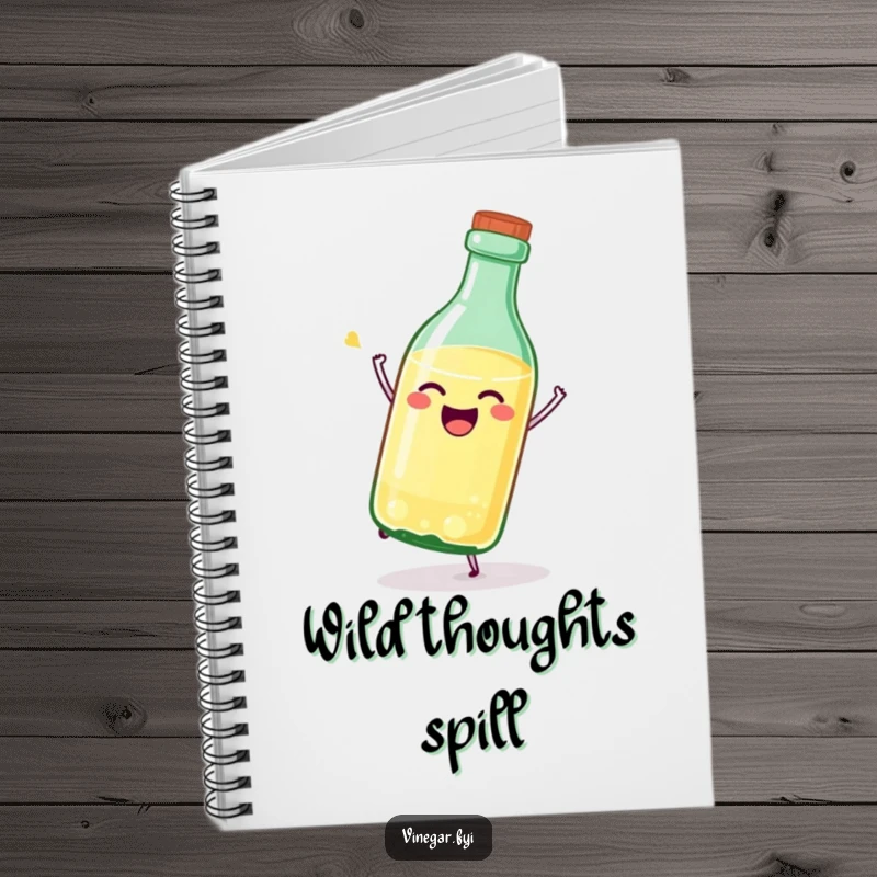 Funny vinegar bottle notebook featuring a joyful, stylized bottle tipping itself over to inspire creative notes.