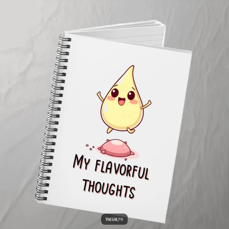 Funny notebook showing a happy vinegar drop leaping over a pepper flake, perfect for capturing ideas with playful energy.