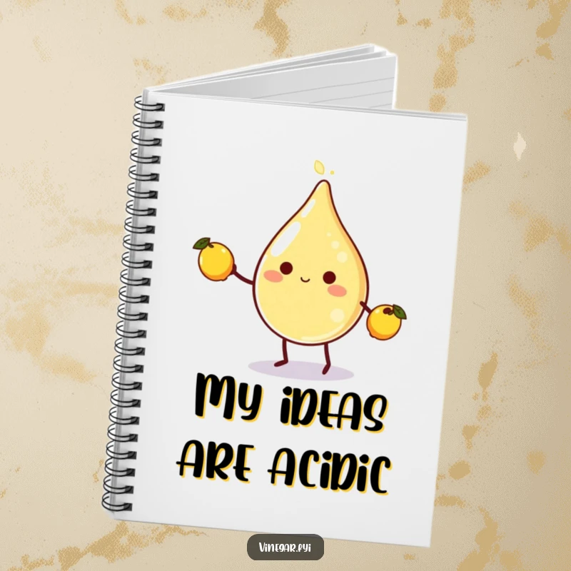 Funny vinegar droplet character juggling lemons on a notebook cover, designed for jotting notes with a humorous and cheerful vibe.