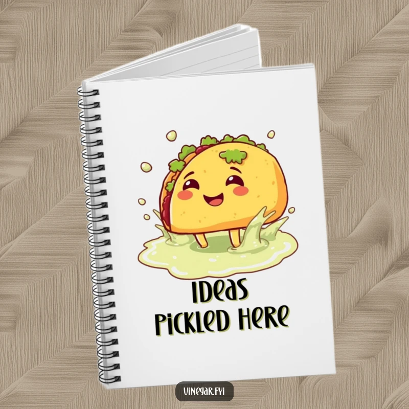 Funny notebook: A smiling taco with legs splashes in a vinegar puddle, perfect for jotting down witty ideas and humorous observations.