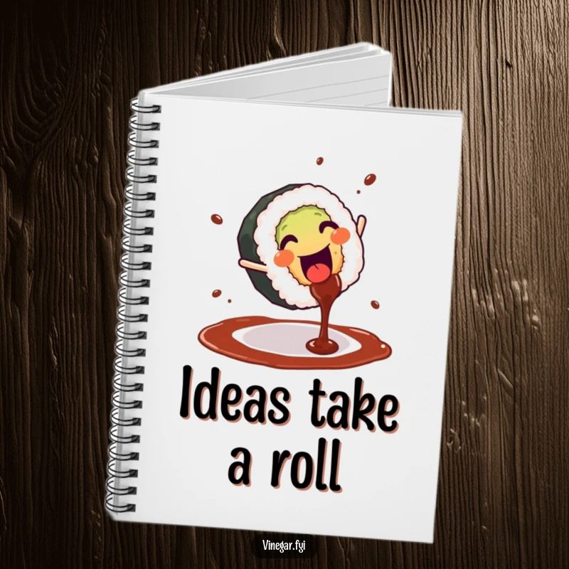 Funny notebook featuring a happy sushi roll performing a cartwheel with soy sauce splashing, perfect for notes and doodles.