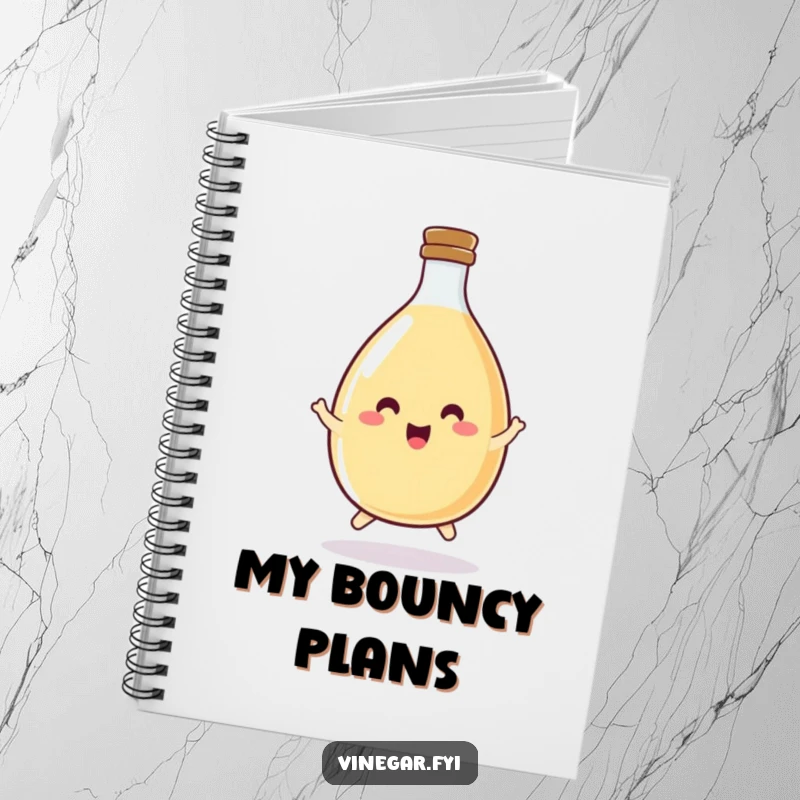 Funny vinegar bottle notebook featuring a happy, round bottle doing a little hop to inspire creative notes.