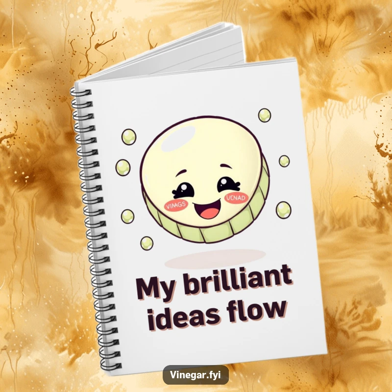 Funny notebook cover with a smiling bottle cap juggling sparkling vinegar droplets, perfect for jotting down funny thoughts.
