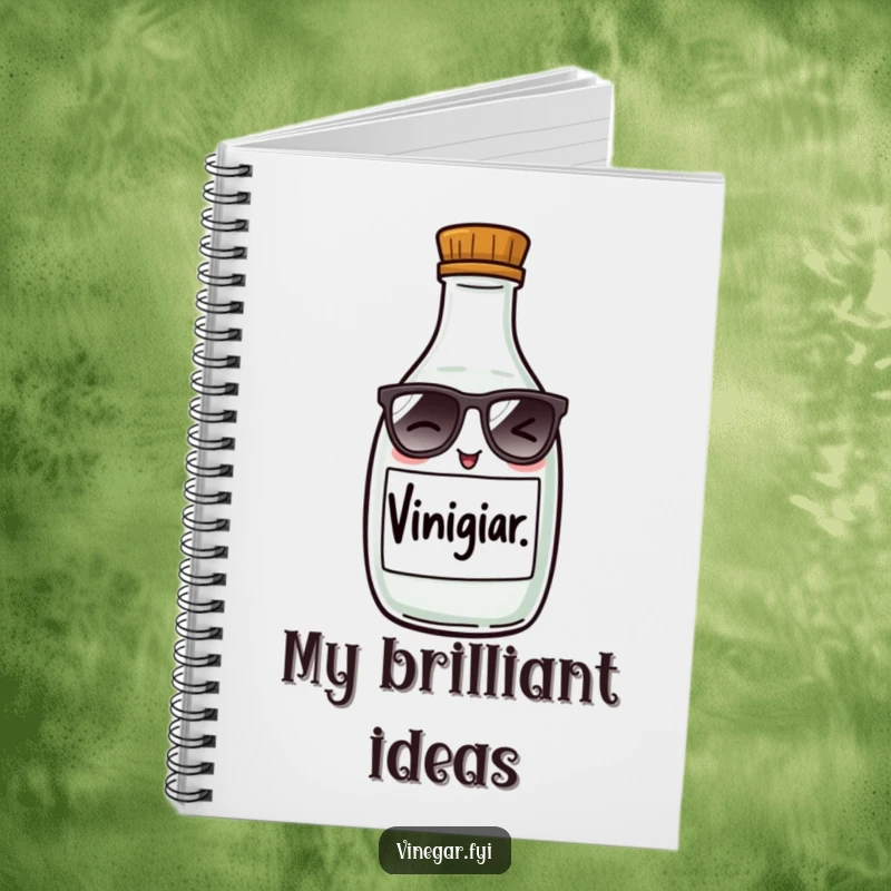 Funny notebook with a mischievous vinegar bottle wearing tiny sunglasses, winking, perfect for jotting down notes with a humorous touch.