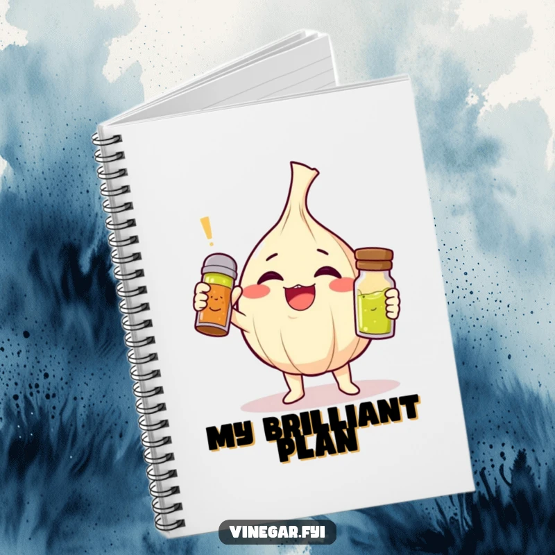 Funny giggling garlic clove character triumphantly holding a tiny vinaigrette shaker on a lined notebook, perfect funny gift.