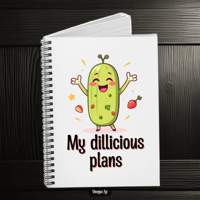 Funny notebook featuring a happy pickle dancing among salad ingredients, ideal for jotting down recipes, notes, or daily thoughts.