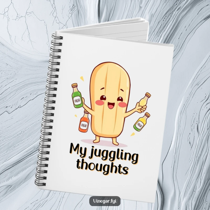 Funny notebook cover featuring a cheerful baguette character juggling miniature vinegar bottles, inspiring creativity.